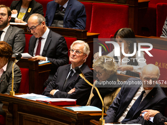 In Paris, France, on November 26, 2024, French Prime Minister Michel Barnier is seen during the questions to the government session at the N...