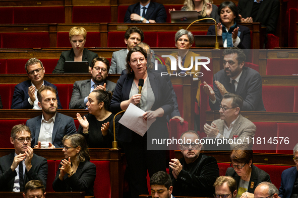 Cyrielle Chatelain, President of the Ecologiste et Social group, speaks during the questions to the French government session at the Nationa...