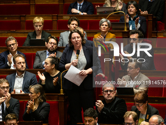 Cyrielle Chatelain, President of the Ecologiste et Social group, speaks during the questions to the French government session at the Nationa...