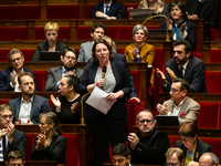 Cyrielle Chatelain, President of the Ecologiste et Social group, speaks during the questions to the French government session at the Nationa...