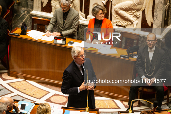 French Prime Minister Michel Barnier speaks during the questions to the government session at the National Assembly in Paris, France, on Nov...