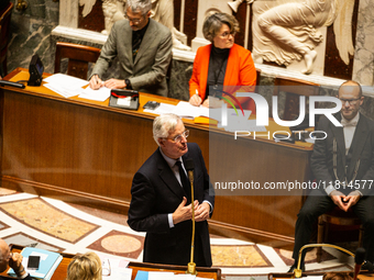 French Prime Minister Michel Barnier speaks during the questions to the government session at the National Assembly in Paris, France, on Nov...