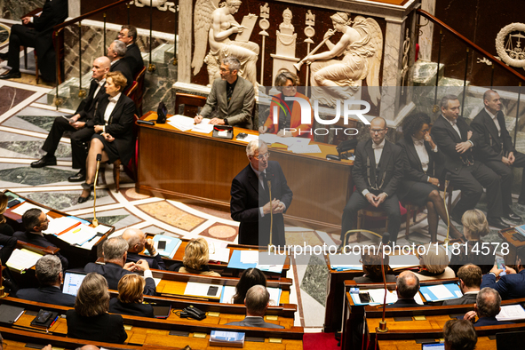 French Prime Minister Michel Barnier speaks during the questions to the government session at the National Assembly in Paris, France, on Nov...