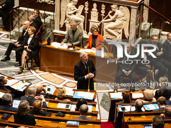 French Prime Minister Michel Barnier speaks during the questions to the government session at the National Assembly in Paris, France, on Nov...