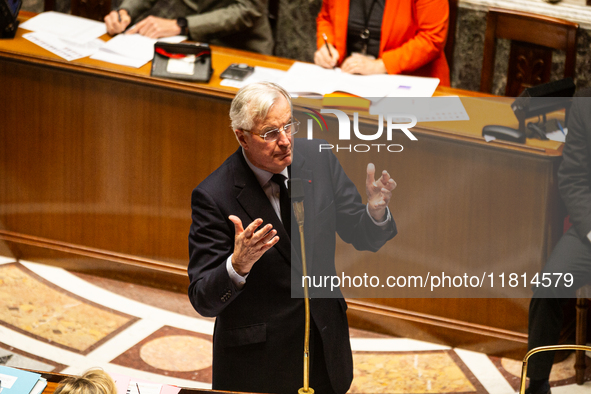 French Prime Minister Michel Barnier speaks during the questions to the government session at the National Assembly in Paris, France, on Nov...