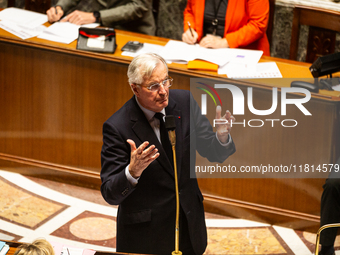 French Prime Minister Michel Barnier speaks during the questions to the government session at the National Assembly in Paris, France, on Nov...