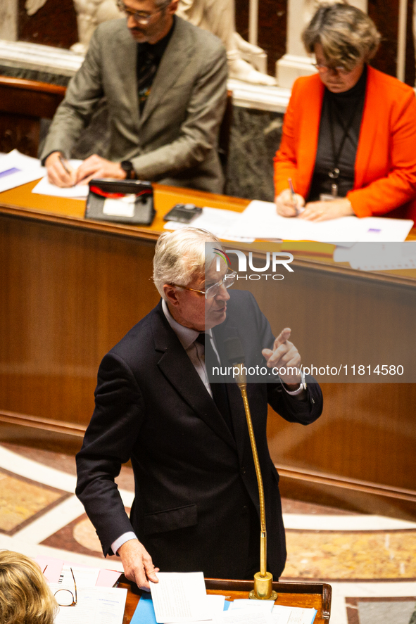 French Prime Minister Michel Barnier speaks during the questions to the government session at the National Assembly in Paris, France, on Nov...