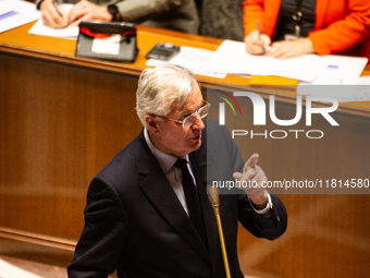 French Prime Minister Michel Barnier speaks during the questions to the government session at the National Assembly in Paris, France, on Nov...