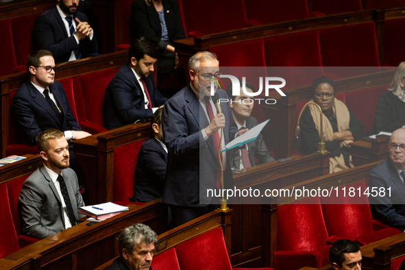 Guillaume Bigot, deputy of the Rassemblement National group, speaks during the questions to the French government session at the National As...