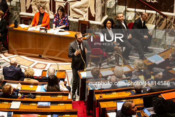 Antoine Armand, the French Minister of Economy, Finance, and Industry, speaks at the public session of questions to the French government at...