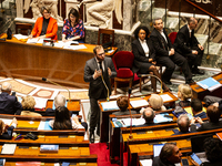 Antoine Armand, the French Minister of Economy, Finance, and Industry, speaks at the public session of questions to the French government at...