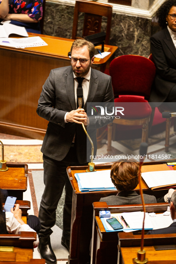 Antoine Armand, the French Minister of Economy, Finance, and Industry, speaks at the public session of questions to the French government at...