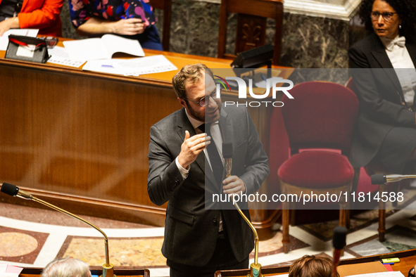 Antoine Armand, the French Minister of Economy, Finance, and Industry, speaks at the public session of questions to the French government at...