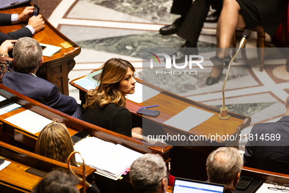 Maud Bregeon, Minister attached to the Prime Minister and Government Spokesman, is seen during the questions to the government session at th...