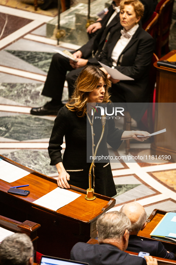 Maud Bregeon, Minister attached to the Prime Minister and Government Spokesman, speaks during the questions to the government session at the...