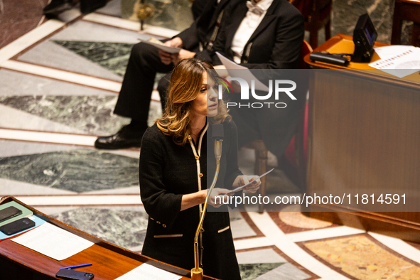 Maud Bregeon, Minister attached to the Prime Minister and Government Spokesman, speaks during the questions to the government session at the...