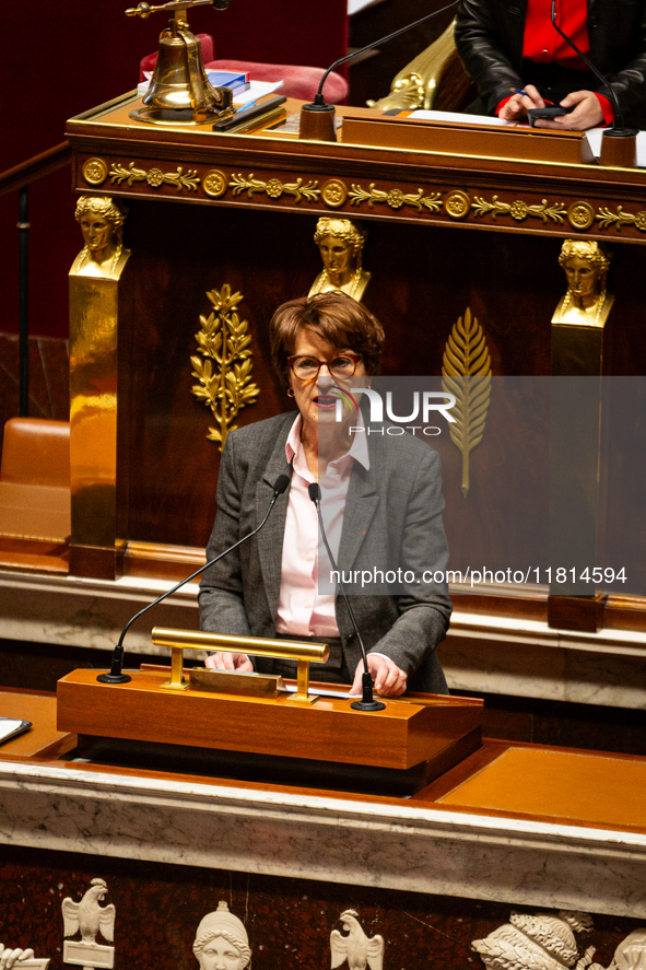 Annie Genevard, Minister of Agriculture, Food Sovereignty and Forestry, speaks during the public session declaration by the government on th...