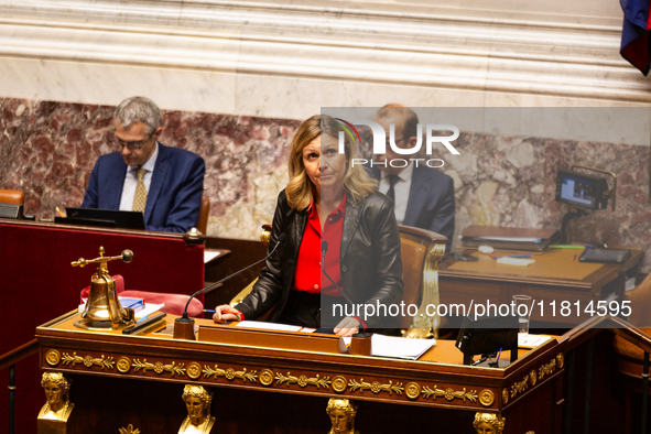 Yael Braun-Pivet, president of the French National Assembly, is seen during the public session declaration by the government on the current...