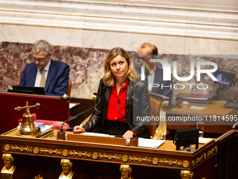 Yael Braun-Pivet, president of the French National Assembly, is seen during the public session declaration by the government on the current...