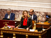 Yael Braun-Pivet, president of the French National Assembly, is seen during the public session declaration by the government on the current...