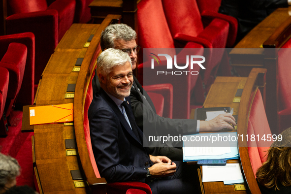 Laurent Wauquiez, President of the Droite Republicaine group, is seen during the public session declaration by the government on the current...