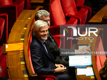 Laurent Wauquiez, President of the Droite Republicaine group, is seen during the public session declaration by the government on the current...