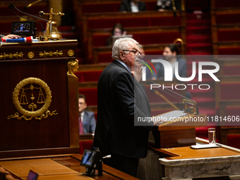 In Paris, France, on November 26, 2024, Andre Chassaigne, deputy and president of the GDR, gauche democrate et republicaine, parti communist...