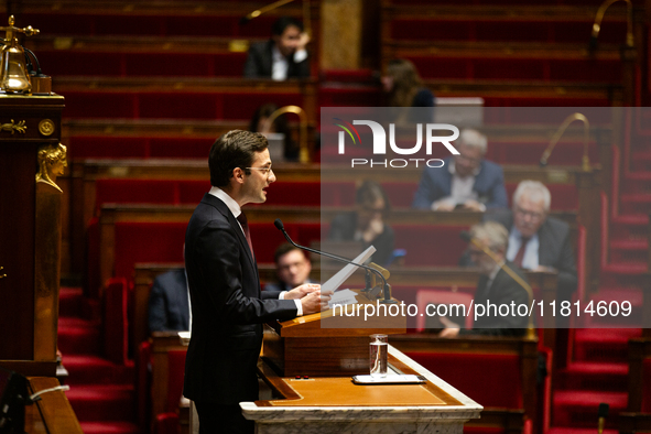 In Paris, France, on November 26, 2024, Vincent Trebuchet, deputy of the UDR group, speaks during the public session declaration by the gove...