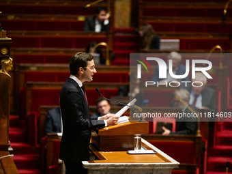 In Paris, France, on November 26, 2024, Vincent Trebuchet, deputy of the UDR group, speaks during the public session declaration by the gove...