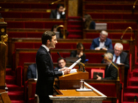 In Paris, France, on November 26, 2024, Vincent Trebuchet, deputy of the UDR group, speaks during the public session declaration by the gove...