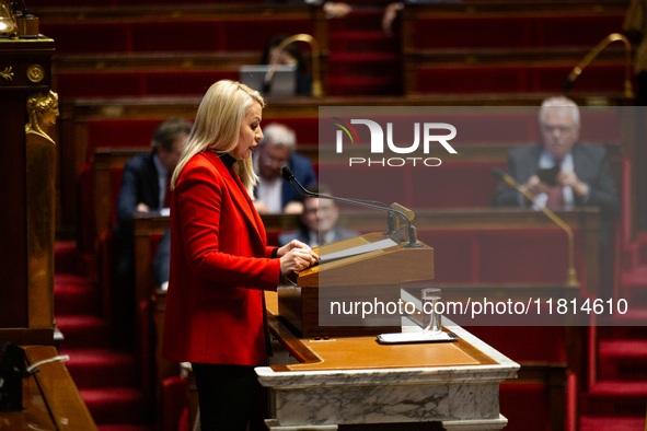 Helene Laporte, deputy of the Rassemblement National group, speaks during the public session declaration by the government on the current ne...