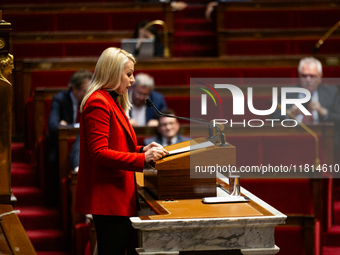 Helene Laporte, deputy of the Rassemblement National group, speaks during the public session declaration by the government on the current ne...