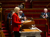 Helene Laporte, deputy of the Rassemblement National group, speaks during the public session declaration by the government on the current ne...