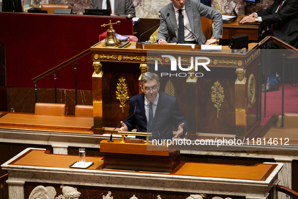 In Paris, France, on November 26, 2024, Daniel Labaronne, deputy of the Ensemble pour la Republique group, speaks during the public session...