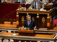 In Paris, France, on November 26, 2024, Daniel Labaronne, deputy of the Ensemble pour la Republique group, speaks during the public session...