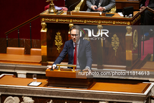 In Paris, France, on November 26, 2024, Arnaud Le Gall, deputy of La France Insoumise - Nouveau Front Populaire, speaks during the public se...