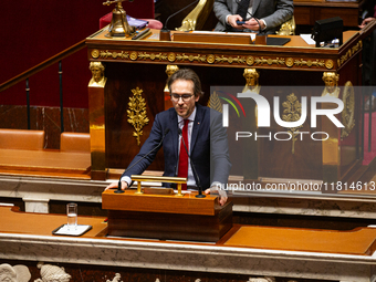 In Paris, France, on November 26, 2024, Arnaud Le Gall, deputy of La France Insoumise - Nouveau Front Populaire, speaks during the public se...