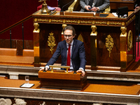 In Paris, France, on November 26, 2024, Arnaud Le Gall, deputy of La France Insoumise - Nouveau Front Populaire, speaks during the public se...