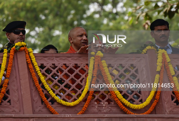 Chief Minister of India's Uttar Pradesh state, Yogi Adityanath, inspects the ongoing preparations ahead of the Maha Kumbh Mela festival alon...