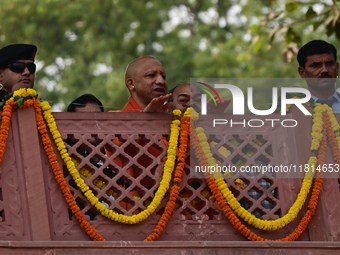 Chief Minister of India's Uttar Pradesh state, Yogi Adityanath, inspects the ongoing preparations ahead of the Maha Kumbh Mela festival alon...