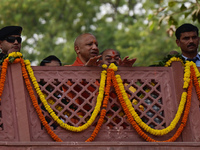 Chief Minister of India's Uttar Pradesh state, Yogi Adityanath, inspects the ongoing preparations ahead of the Maha Kumbh Mela festival alon...