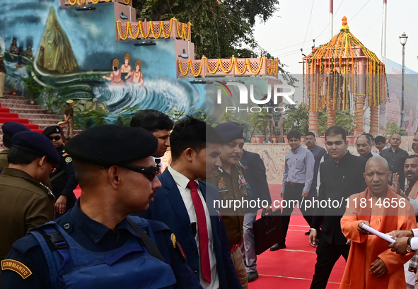 Chief Minister of India's Uttar Pradesh state, Yogi Adityanath, inspects the ongoing preparations ahead of the Maha Kumbh Mela festival alon...