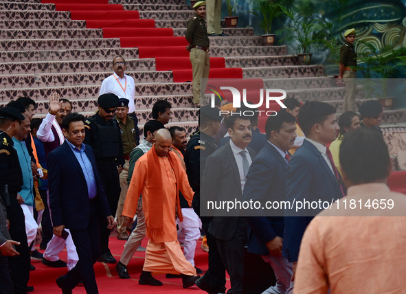 Chief Minister of India's Uttar Pradesh state, Yogi Adityanath, inspects the ongoing preparations ahead of the Maha Kumbh Mela festival alon...