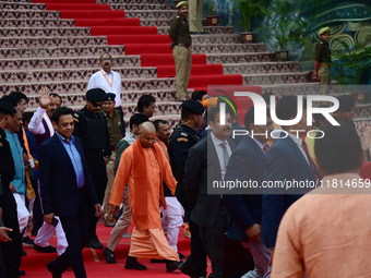 Chief Minister of India's Uttar Pradesh state, Yogi Adityanath, inspects the ongoing preparations ahead of the Maha Kumbh Mela festival alon...