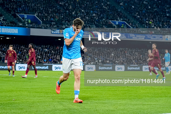 Khvicha Kvaratskhelia of SSC Napoli looks dejected during the serie Serie A Enilive match between SSC Napoli and AS Roma at Stadio Diego Arm...