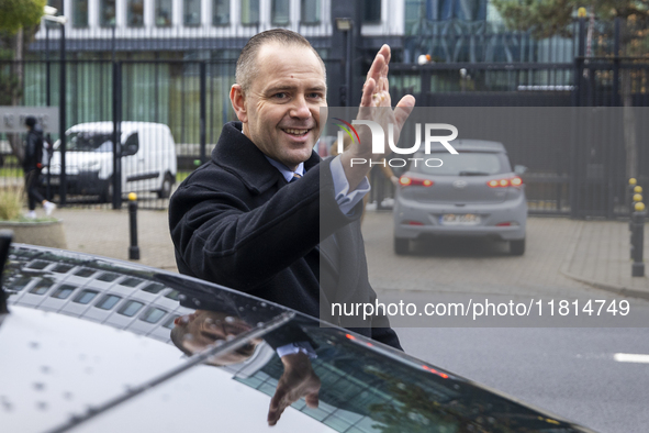 Karol Nawrocki, presidential candidate supported by the Law and Justice party in Poland's 2025 presidential election, meets with journalists...