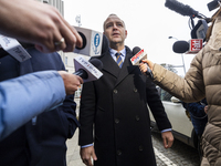 Karol Nawrocki, presidential candidate supported by the Law and Justice party in Poland's 2025 presidential election, meets with journalists...