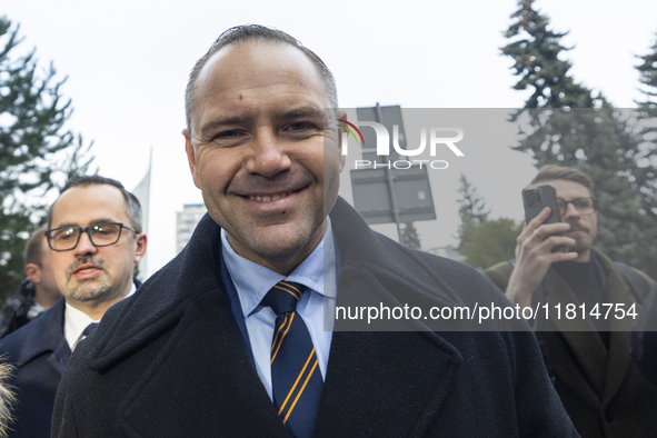 Karol Nawrocki, presidential candidate supported by the Law and Justice party in Poland's 2025 presidential election, meets with journalists...