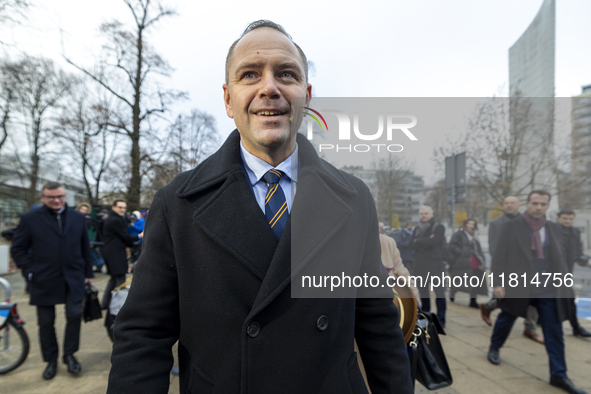 Karol Nawrocki, presidential candidate supported by the Law and Justice party in Poland's 2025 presidential election, meets with journalists...