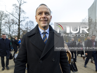 Karol Nawrocki, presidential candidate supported by the Law and Justice party in Poland's 2025 presidential election, meets with journalists...